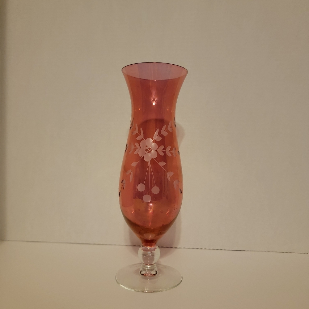 Etched Cranberry Footed Hurricane Vase